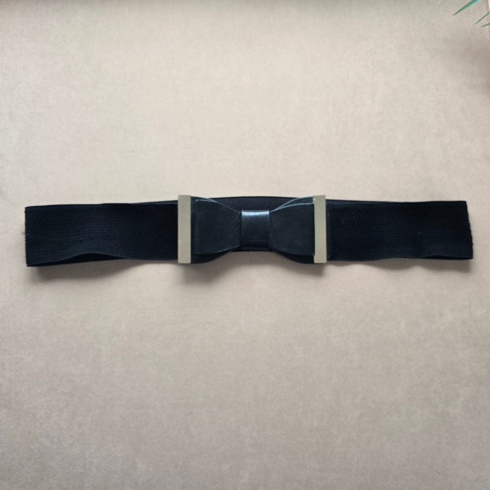 LA EXPRESS Black Elastic Bow Belt Gold Buckle Women's Fashion Accessory‎